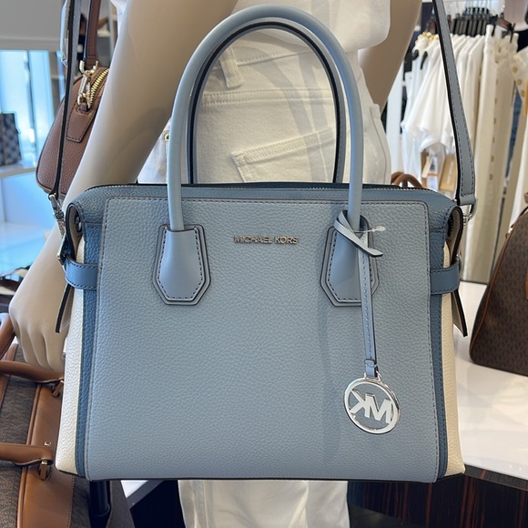 Michael Kors Mercer Medium Top Sip Color-Block Belted Satchel Crossbody Purse MK - Picture 12 of 16